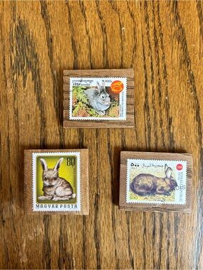 Handmade Vintage Postage Stamp Magnets On Wood • Bunnies
